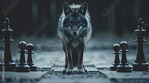 A jackal's silhouette on a corporate chessboard symbolizes cunning strategy in fierce business landscapes.