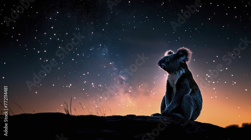 Silhouette of a koala against a starry sky at Uluru, symbolizing the connection to Australian heritage and the enchantment of indigenous cultures in tourism. photo