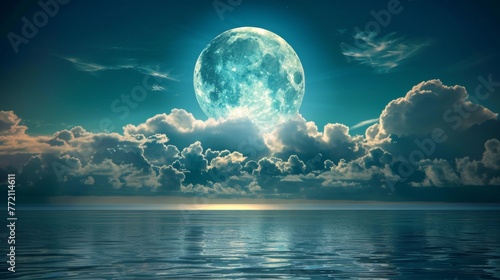 Tranquil night. full moon rises over calm sea, casting ethereal glow amidst drifting clouds