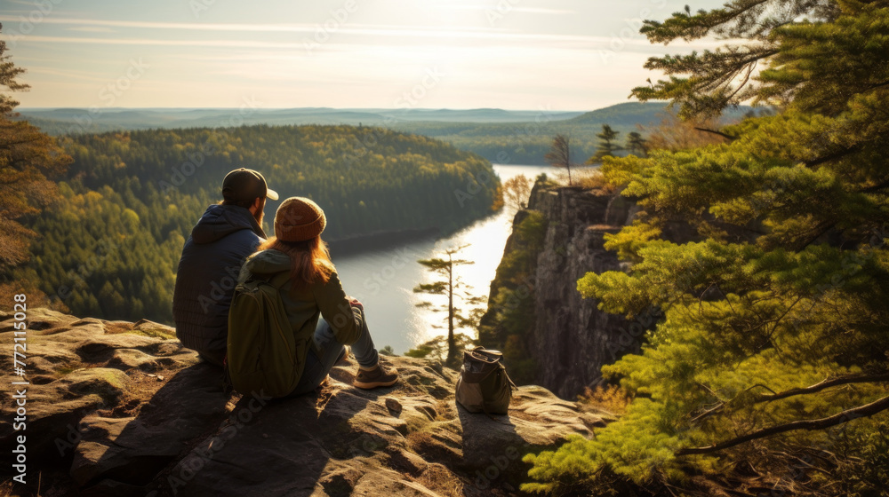 A couple is sitting on a rocky hillside overlooking a river