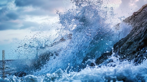 A wave crashes against a rocky shoreline, water splashing upwards, with a dramatic sky in the background.