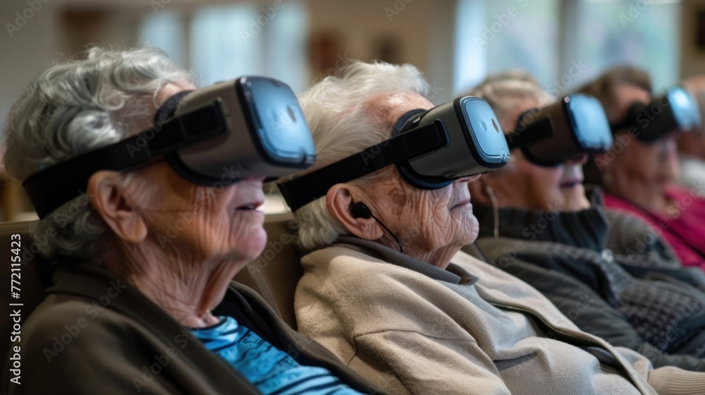 Senior citizens wearing virtual reality headsets, experiencing immersive technology, lined up sitting, engaged and entertained by digital content. Senior citizens wearing virtual reality headsets, experiencing immersive technology, lined up sitting, engaged and entertained by digital content.