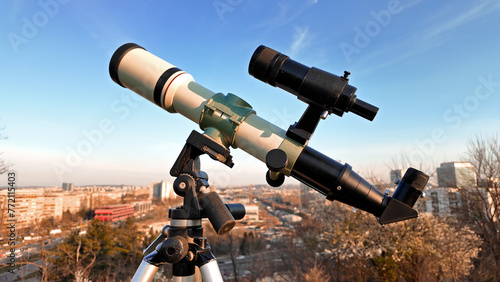 Astronomical telescope with solar filter for observing solar eclipse.