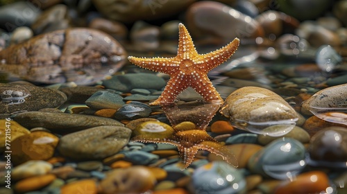Starfish reflected in a pool of water, surrounded by healing stones, embodying tranquility, meditation, and the path to inner peace in spiritual practices.
