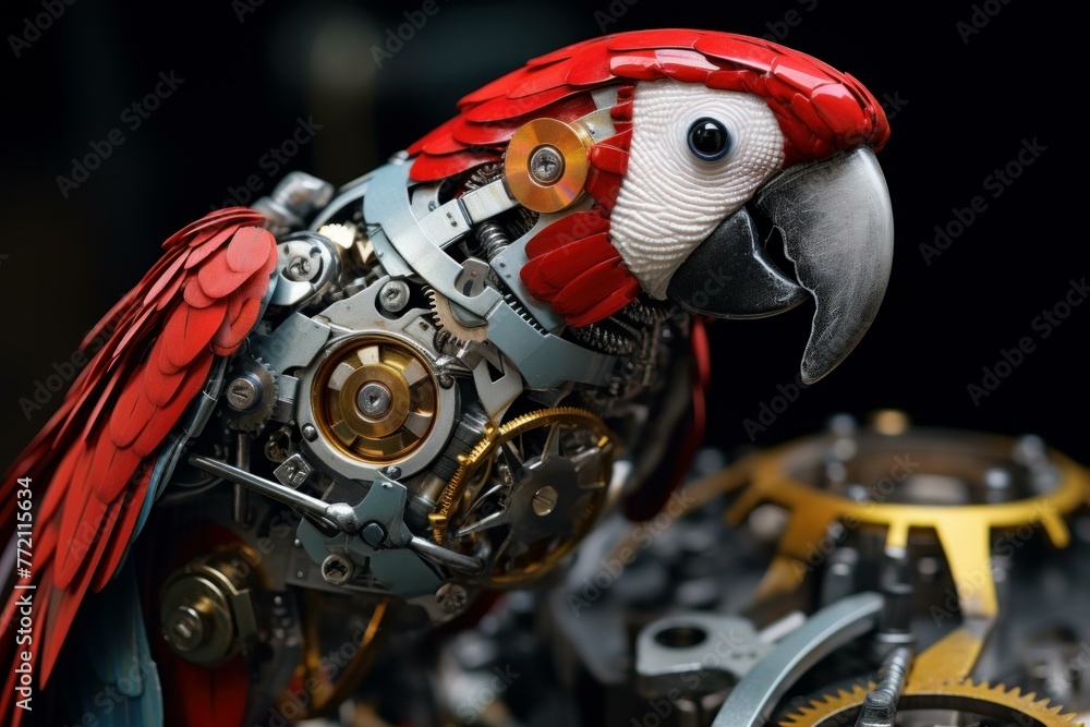 Fototapeta premium Robotic Steelpunk mechanical parrot. Art bird. Generate Ai