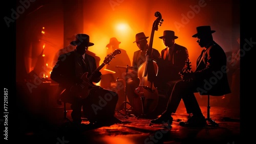 Musical concert by a jazz band on a stage with guitars on a summer night.