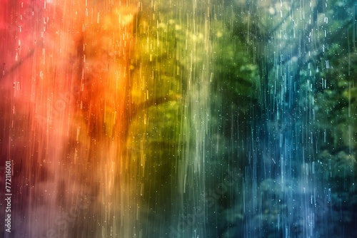   A tranquil  abstract rainstorm  pouring gently over a lush landscape  shaping a vibrant scene of color and harmony.