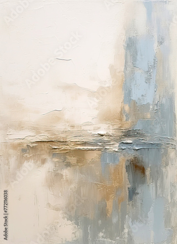 Abstract beige and light blue oil painting, neutral tones, textured canvas