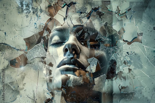 A mans face is visible through fragmented and shattered glass, symbolizing a distorted perception of reality