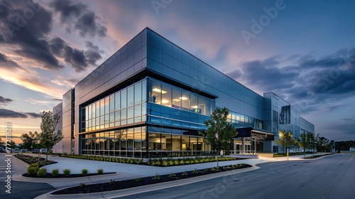 Modern office building at twilight with illuminated interiors and dramatic clouds, reflecting professional corporate architecture.