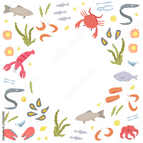 Seafood icons elements in color. Vector illustration of seafood and sea cuisine. © Elenglush