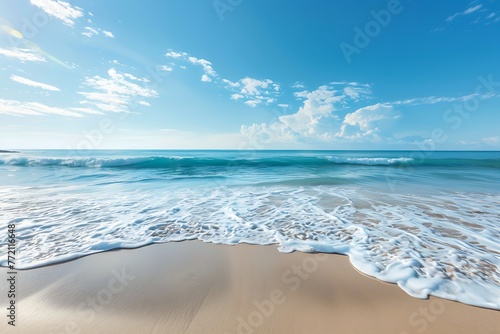 : A tranquil beach with crashing waves and blue skies