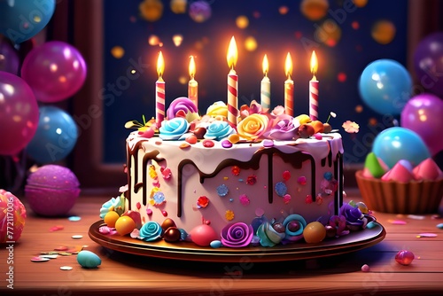 A festive birthday cake with colorful candles, icing, and decorations. Balloons and confetti. Perfect for celebrations and sweet occasions. generative ai