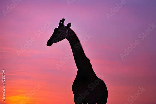 Silhouette of a giraffe at sunset with a vibrant pink sky. tranquility of the wilderness concept. generative ai