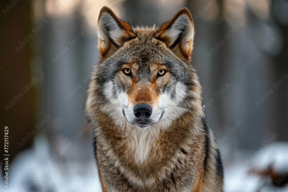 In winter, a close up horizontal portrait of a Eurasian wolf (Canis lupus) looking straight at the camera while a forest in the background is blurred, Generative AI 