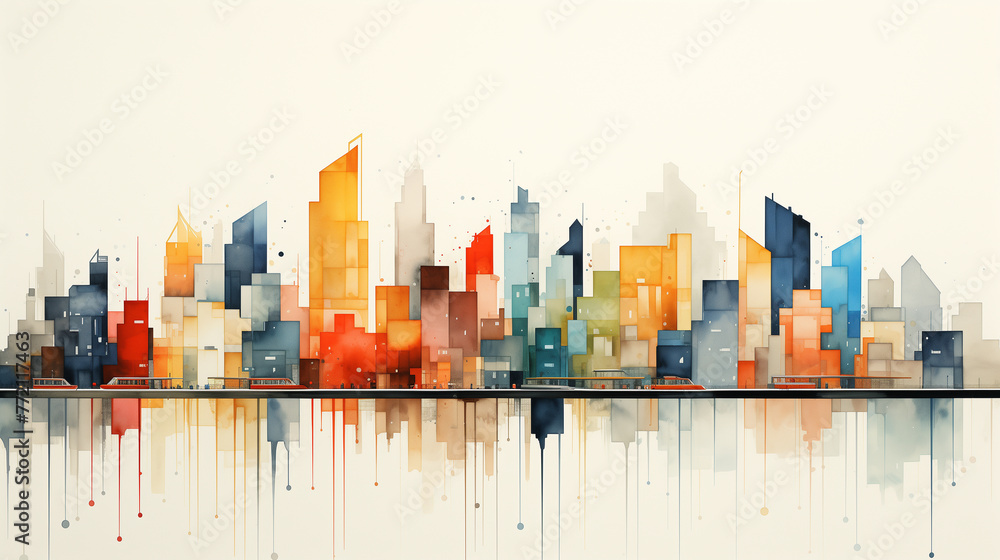In a realistic watercolor illustration, a minimalist cityscape is depicted with simplified buildings and clean lines, presenting a contemporary artistic interpretation.