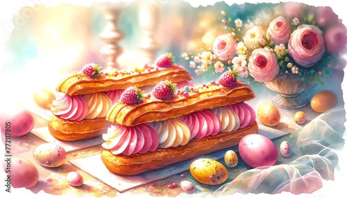  Watercolor Painting of an Eclair Cake, in an Easter Day Theme