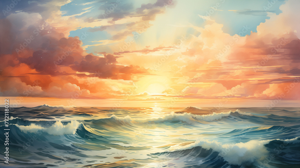 Watercolor illustration of ocean waves under a spectacular sunset sky painted with vivid colors.