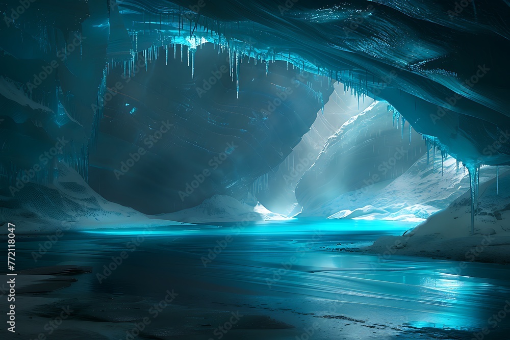: A tranquil ice cave, with glowing blue ice and a peaceful atmosphere