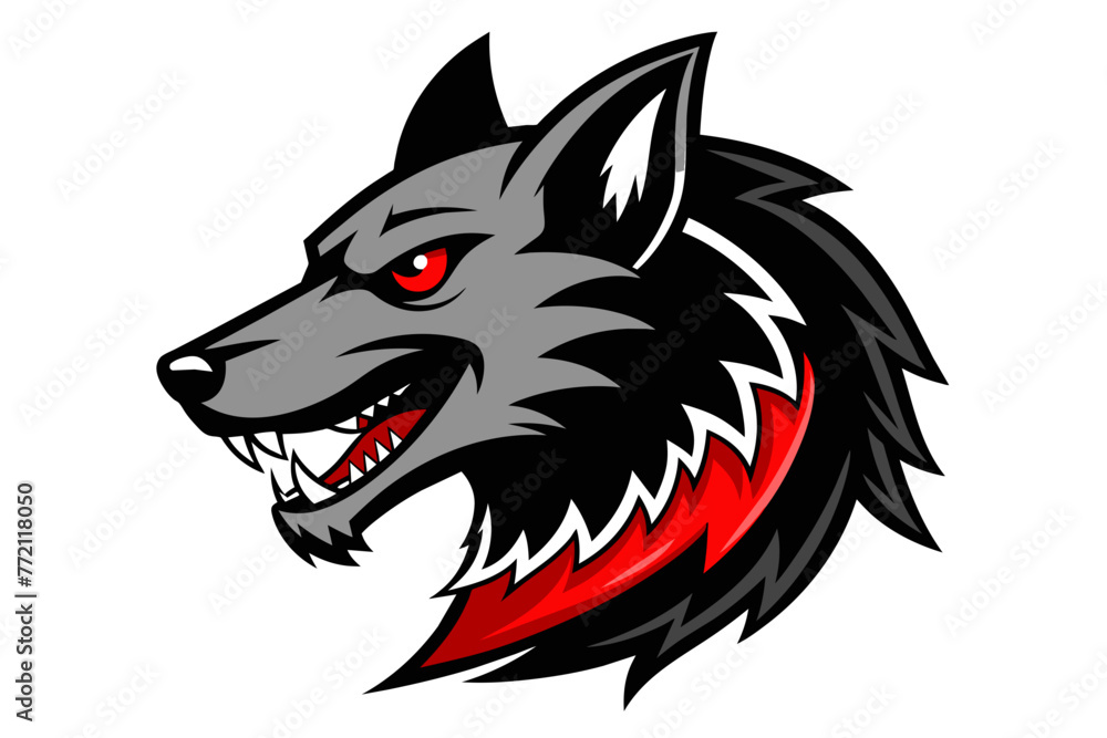 Naklejka premium anthropomorphic black wolf with very long and bright red dog, Spiked collar, Profile Logo Mascot, sticker