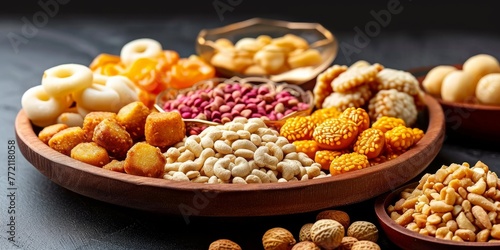 Indian festival food snack sweet for winter folk festivals in Punjab and Tamil Nadu, including Lohri, Makar Sankranti, Pongal, and Diwali, containing til chikki, peanut chikki, murmura, Generative AI