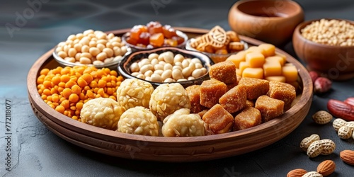 Indian festival food snack sweet for winter folk festivals in Punjab and Tamil Nadu, including Lohri, Makar Sankranti, Pongal, and Diwali, containing til chikki, peanut chikki, murmura, Generative AI photo