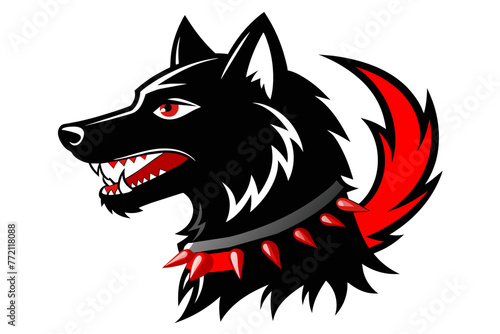 anthropomorphic black wolf with very long and bright red dog  Spiked collar  Profile Logo  Mascot  sticker