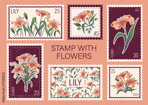 Postage stamps with lily flowers. Vector illustration of elegant white lilies, floral bouquets for wedding invitation, spring holiday card, botanical design.