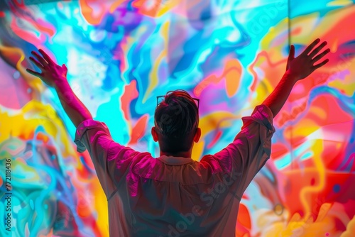 A person stands in front of a vibrant painting, reaching up towards the sky with outstretched arms