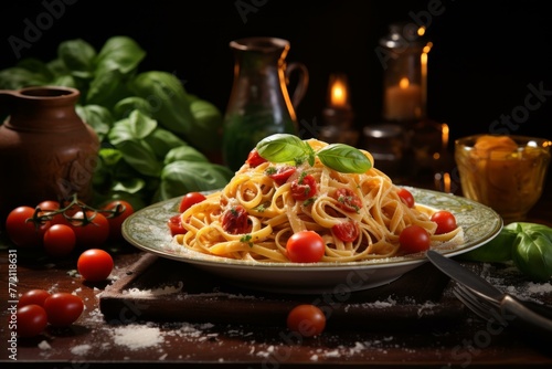 Flavorful Pasta italian basil food. Dinner plate. Generate Ai
