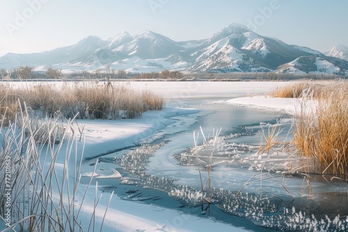A snowy landscape with mountains in the background, featuring a frozen lake with ice formations and frosty reeds in the foreground