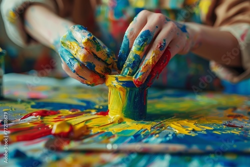A person is actively painting with vibrant colors on a table
