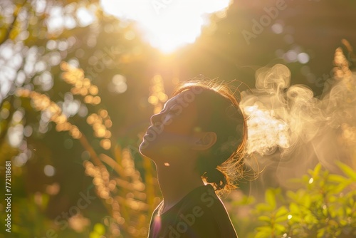 Woman practicing deep breathing exercises in a field, exhaling smoke from ears representing release and relaxation