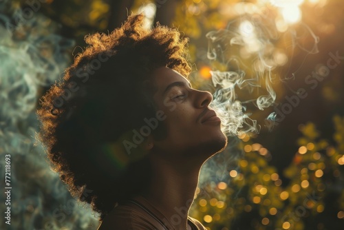 A woman inhaling and exhaling smoke while smoking a cigarette in a forest setting