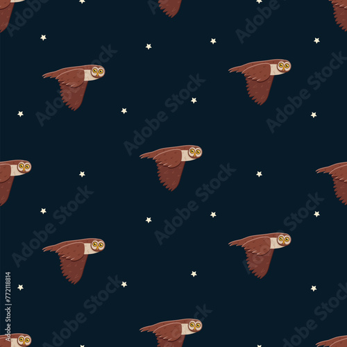 Seamless pattern cute funny owl with tilted leaned head in flight. Vector background illustration of cartoon forest night birds. © Elenglush