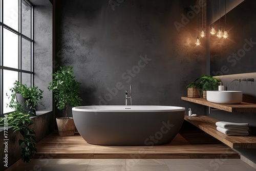 Bathroom with a rectangle bathtub, a wooden sink, and a dark gray wall. Mock up of a pleasant home concept. Generative AI 