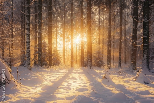 Golden sunlight shines through trees in a winter forest covered in snow © Ilia Nesolenyi