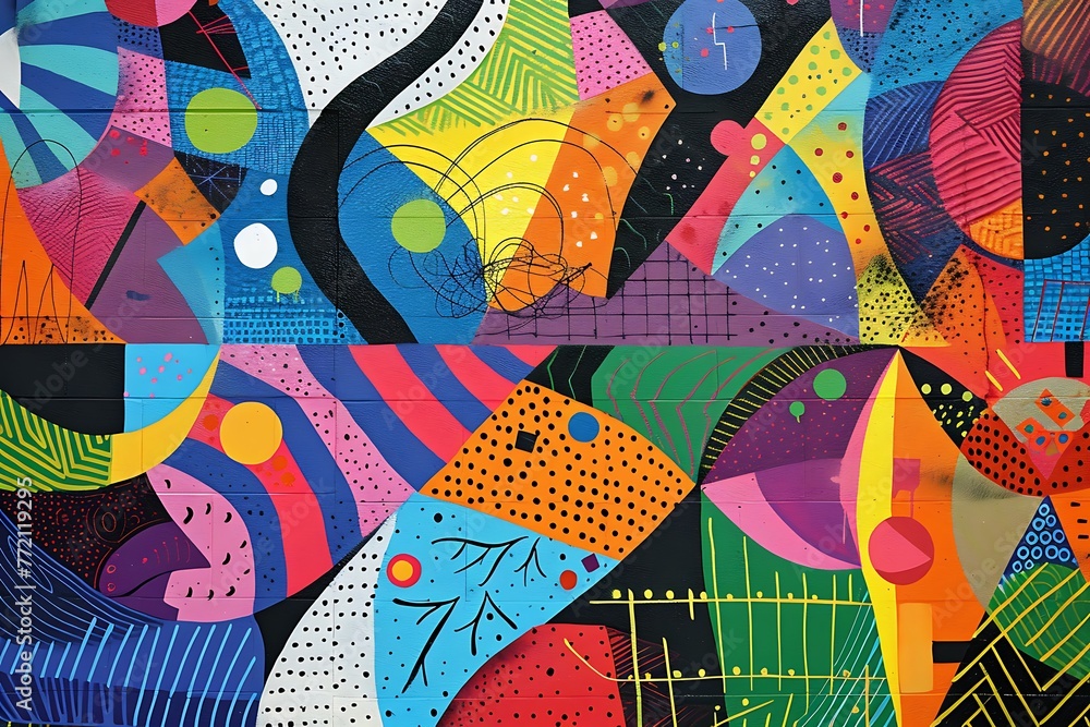 : A vibrant abstract mural with a variety of colors and patterns