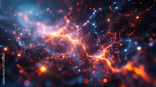 In an abstract visualization  the energetic movement of particles within a network space signifies dynamic data transfer and the intricate web of connectivity.