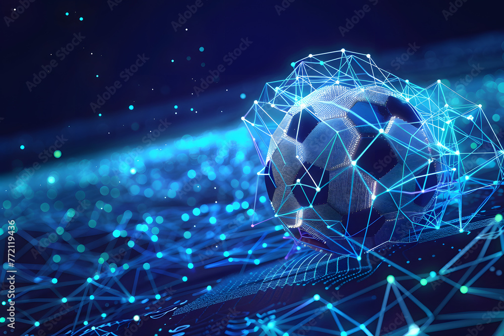 Football with futuristic network connection technology big data. Colors neon background. - obrazy, fototapety, plakaty 