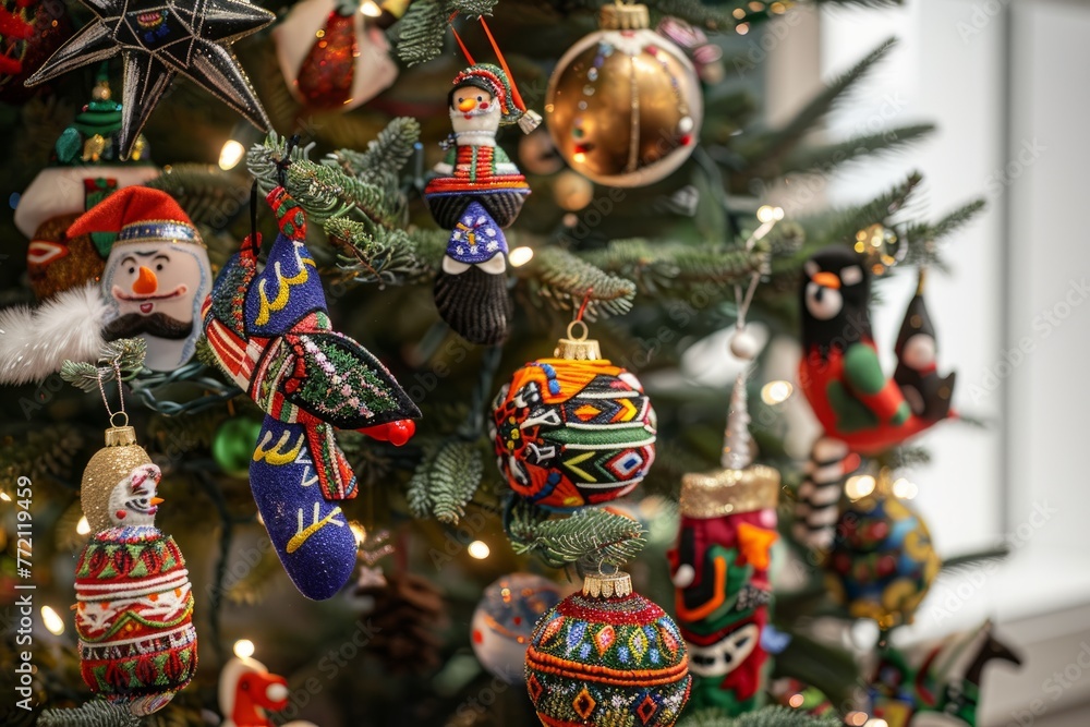 Closeup of a Christmas tree adorned with traditional ornaments and symbols celebrating the holiday season