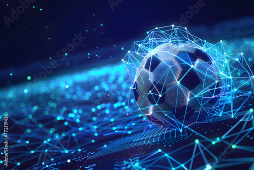 Football with futuristic network connection technology big data. Colors neon background. photo