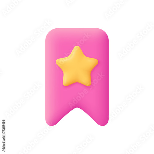 Bookmark or game badge with star. 3d vector icon. Cartoon minimal style.