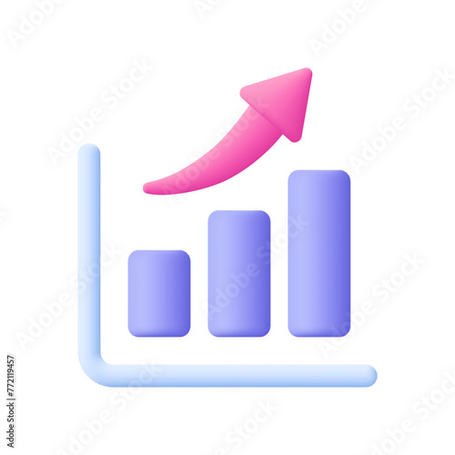 Growth bar chart with columns and upward arrow, trading up. Financial stock market, data analysis and business concept. 3d vector icon. Cartoon minimal style.