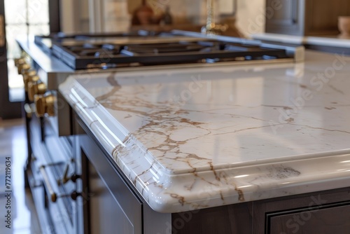 A closeup shot of a polished marble countertop in a kitchen, displaying intricate veining and variations in color and texture