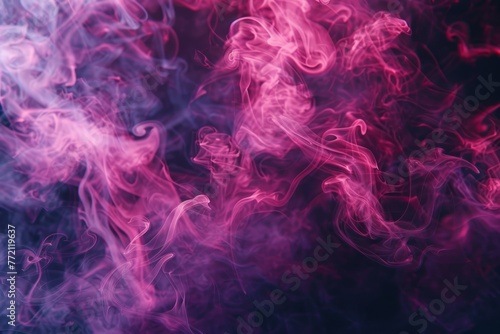 Closeup shot of swirling pink and purple smoke against a dark background, creating a mesmerizing and mysterious atmosphere