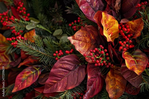 Detailed view of a festive wreath with artificial flames and fiery-colored leaves, adding warmth © Ilia Nesolenyi