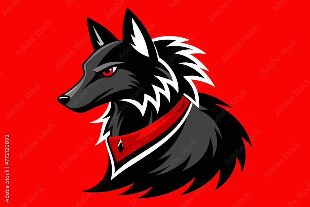 anthropomorphic black wolf with very long and bright red fox Spiked collar Profile Logo Mascot, sticker anthropomorphic black wolf with very long and bright red fox Spiked collar Profile Logo Mascot, sticker