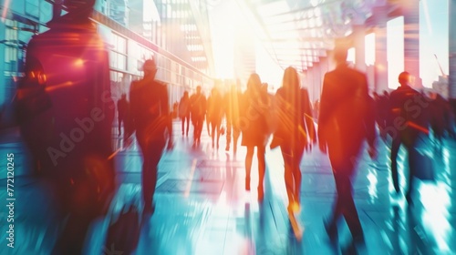 Blurred figures walking in a busy, modern office building with sun flare, representing corporate rush and urban life dynamics. photo