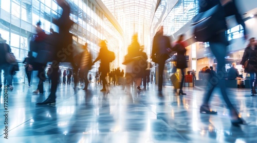Blurred figures rushing through a modern, brightly lit indoor concourse, suggesting busy foot traffic in a transit hub or commercial center. photo